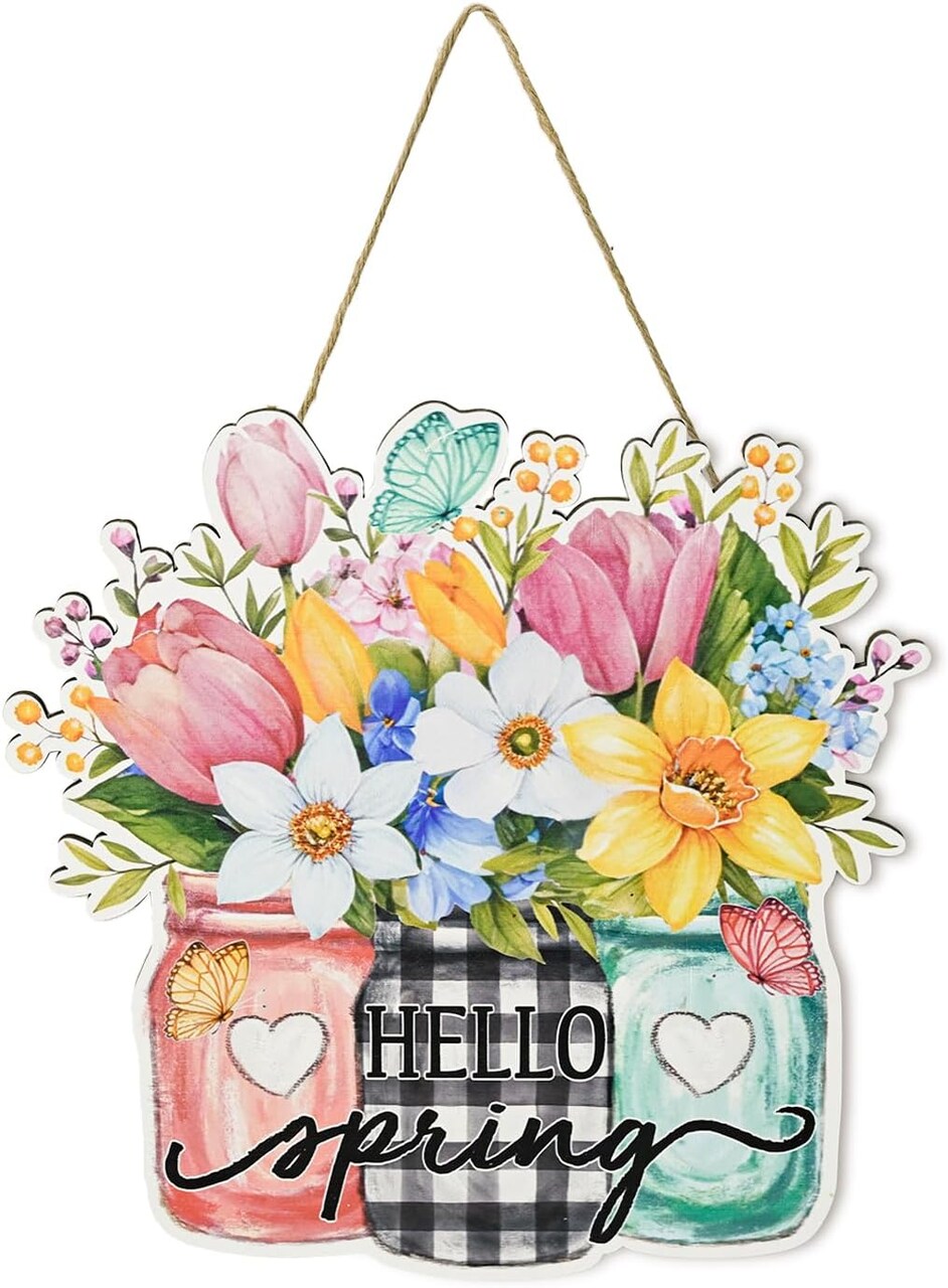 Smile Spring Wooden Wall Hanging – “Hello Spring” Mason Jar Floral Sign for Doors, Walls, Porch Décor & Seasonal Spring Gifts